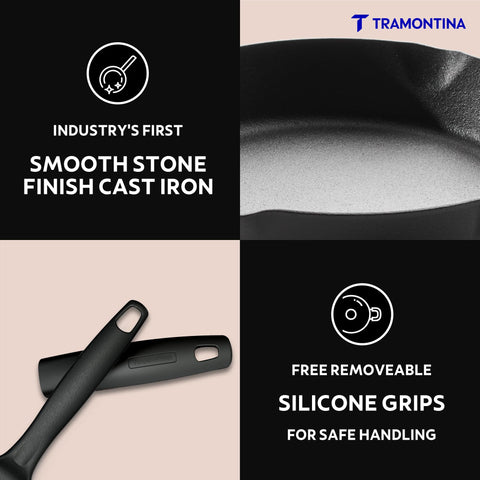 TRAMONTINA Titanex 20cm Cast Iron Fry Pan – Pre-Seasoned Skillet with Pour Spouts | Saute, Stir-Fry, Deep Fry, Sear & Bake | Gas & Induction Compatible | Natural Stone Finish