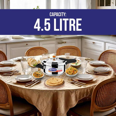 Ultra Duracook Pressure Cooker 4.5 Litre | AISI 304 Food Grade Stainless Steel Cooker with10 Years Warranty | High Impact 3-Layer Composite Base | Spillage Control | Sturdy Bakelite Handle