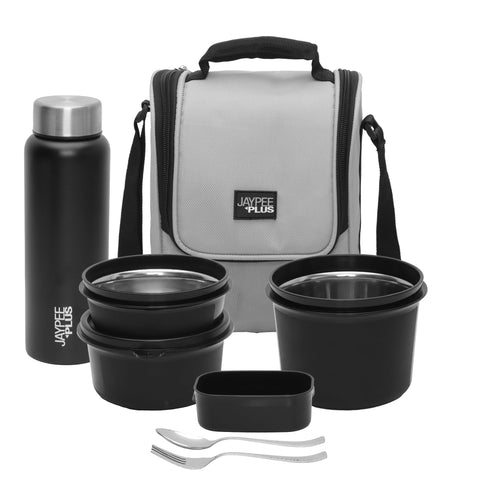 Jaypee Plus 1390 ml Stainless Steel Office Lunch Box | BPA Free, Microwave Safe & Spillproof Airtight 4 Containers | Includes Bottle, Spoon, Fork & Insulated Bag | Ideal for College & School (Grey)
