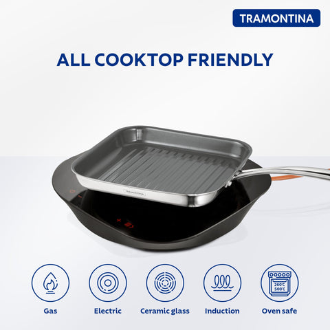 Tramontina FUSAO EX+ 26cm Triply Stainless Steel Ceramic Coated Grill Pan | Pan for Grilling, Searing, Barbeque | Tandoori Pan/Grill | Gas/Induction Cookware | Stay Cool Handle | 10 Year Warranty*