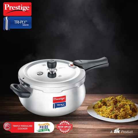 Prestige 3 Litre Triply Svachh Handi Outerlid Pressure Cooker|Deep lid for spillage control|Gas & Induction Compatible|Triply body for even heating|Gasket Release System|5 Years warranty|ISI certified