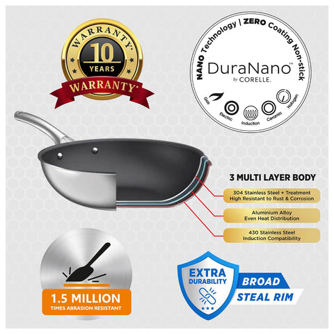 CORELLE Duranano Fry Pan 28Cm, Non Stick Aluminum Pan, PFOA Free with Sturdy Handles & No Chemical Coating, Compatible with Gas & Induction