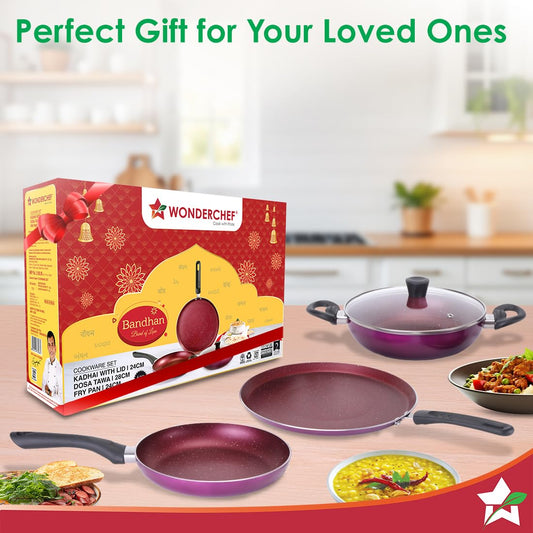 Wonderchef Bandhan Non-Stick Cookware 4 Pc. Set | Fry Pan, Dosa Tawa, Kadhai with Glass Lid | Healthy, Low Oil Meals | Scratch-Resistant | Gas & Induction Compatible | Easy to Clean