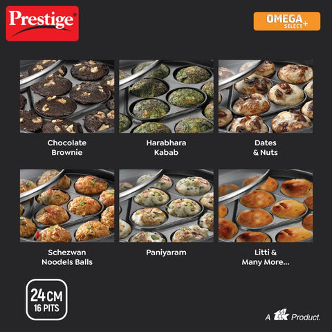 Prestige Omega Select Plus Non-Stick Paniyarakkal with lid (Appe Maker)|16 pits| 24cm|Residue Free Coating |Metal Spoon Friendly