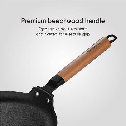 Stahl Blacksmith Signature Dosa Tawa | Flat Cast Iron Pan for Dosas, Pancakes, Chilas, and More | Pre-Seasoned, Induction & Gas Compatible | Beechwood Handle | 28cm