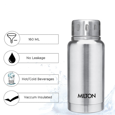 Milton Elfin 160 Thermosteel Bottle, 160 ml Water Bottles, 24 Hours Hot and Cold, Easy to Carry, Easy Grip, Rust Proof, Tea, Coffee, Office, Travel Bottle, Silver