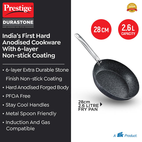 Prestige Durastone 28cm(2.6L) Hard Anodised Fry Pan with 6 Layers Non-Stick Coating|Stainless Steel Stay Cool Handles|Induction & Gas Compatible|2 Years Warranty