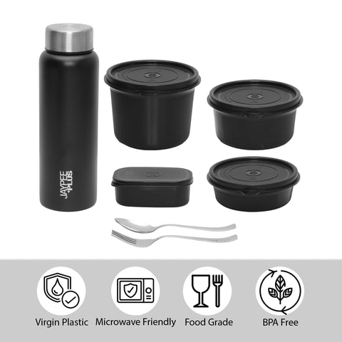 Jaypee Plus 1390 ml Stainless Steel Office Lunch Box | BPA Free, Microwave Safe & Spillproof Airtight 4 Containers | Includes Bottle, Spoon, Fork & Insulated Bag | Ideal for College & School (Grey)