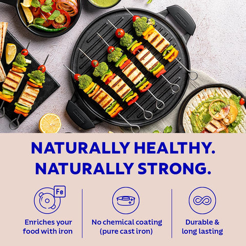 TRAMONTINA TITANEX 30cm Reversible Cast Iron Grill Pan/Tawa | Pre-Seasoned 2-in-1 Pan for Dosa, Roti, Pancakes, Grilling & Searing | Gas & Induction Compatible | Cool Touch Grips.
