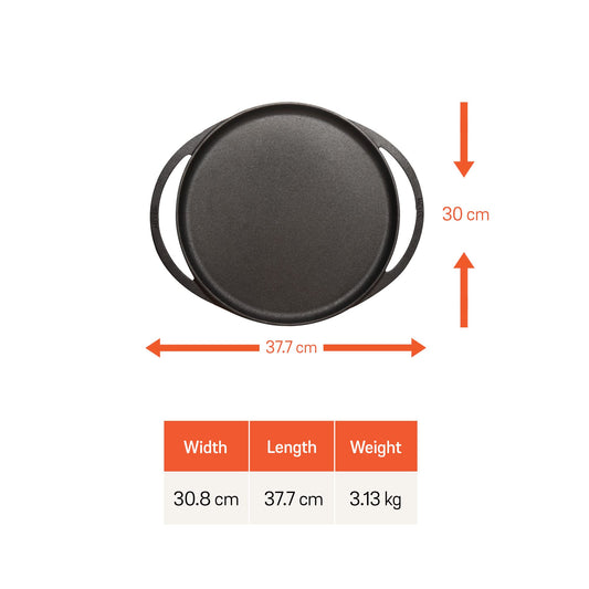 Meyer Pre-Seasoned Cast Iron Flat Dosa/Roti/Chapati Tawa Pan with 2 Side Handle, Dosa Kallu, Iron Tawa Big Size | Gas and Induction Compatible | 30cm, Black