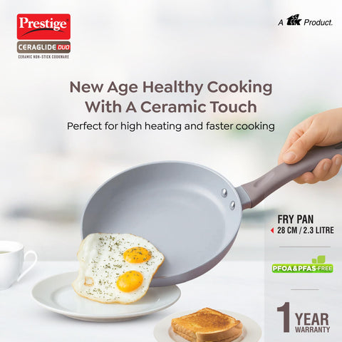 Prestige Ceraglide Duo Frypan 28Cm/2.3L Non-Stick Ceramic Coating|Works On Gas & Induction|High Heating|Cool Touch Handle|Grey