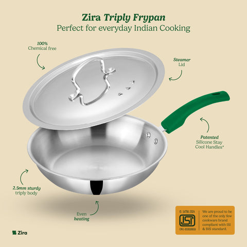 Zira Triply Stainless Steel Frying Pan with Steamer Lid | 24cm, 2.0L | Fire Proof, Anti Slip Silicone Handle | Induction & Gas Friendly Triply Frying Pan | 2.5mm Thick Heavy Bottom | 10 Year Warranty