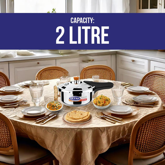 ULTRA Duracook 2.L StainlessSteel Outer Lid,AISI 304 Food Grade SS Pressure Cooker (2 Litre),Froth Collector,spillage Control,Induction&cooktop Compatible,Injection Moulded Bakelite Handles,ISI.