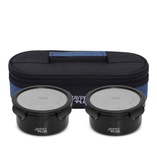 Jaypee Plus Microplus 400 ml Each Stainless Steel Office Lunch Box | BPA Free, Microwave Safe & Spillproof Airtight 2 Containers | Including Insulated Bag | Ideal for College & School (Black)