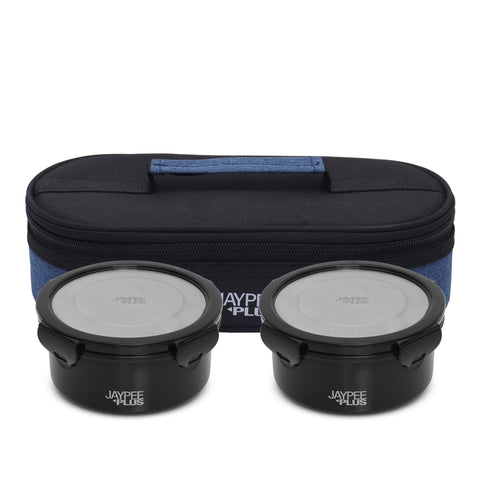 Jaypee Plus Microplus 400 ml Each Stainless Steel Office Lunch Box | BPA Free, Microwave Safe & Spillproof Airtight 2 Containers | Including Insulated Bag | Ideal for College & School (Black)
