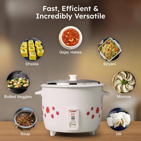 Prestige PRWO 1.8-2 Electric Rice Cooker| 2 Aluminium Cooking Pans | Stainless Steel Lid | Grey/White | Cool Touch Handles | Detachable Power Cord | 700- Watt|1.8 Litres