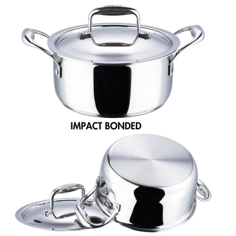 Vinod Platinum Triply Stainless Steel Saucepot with Lid – 20 cm | Biryani & Curry Pot | Induction & Gas Compatible | Easy Clean | 5-Year Warranty | Silver