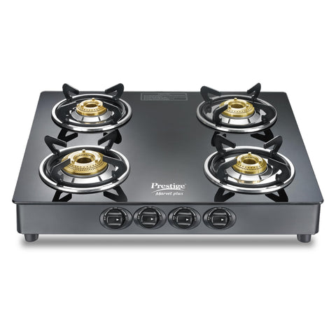 Prestige Marvel Plus 4 Burner GTM 04 SQ Glasstop Gas Stove|Superior Toughened Glass|Jumbo Brass Burner|360 Degree Revolving Nozzle|Spill Proof Design|5 Years Warranty on Glass|Black