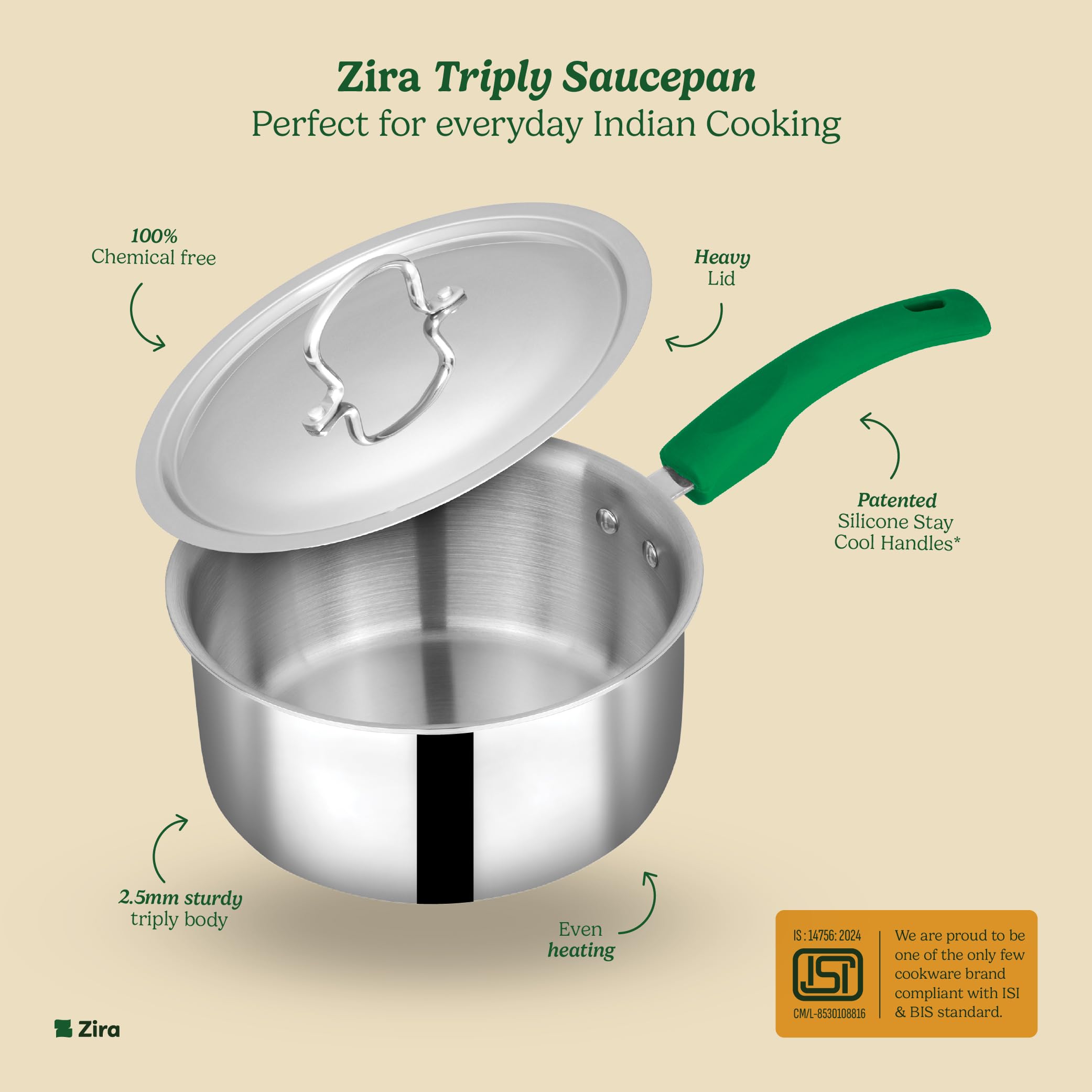 Zira 20 cm Triply Stainless Steel Saucepan with Lid 2.95L Milk-Tea Pan