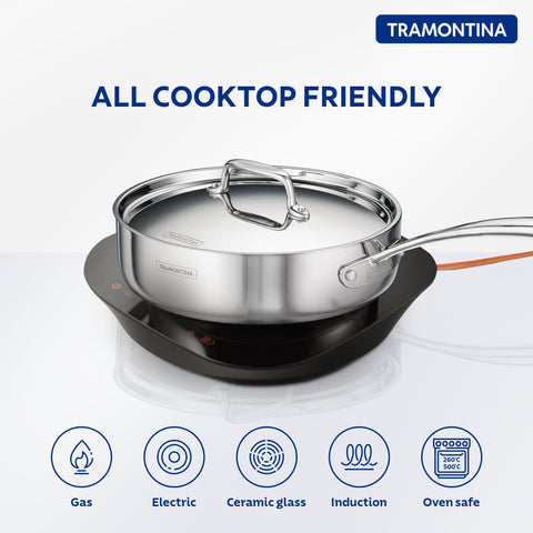 Tramontina Fusao EX+ Ceramic Coated 24cm / 2.8L Triply Stainless Steel Saute Pan with Lid | Curry, Stir-Fry, Deep Fry Cooking Pan | Gas/Induction Compatible Cookware | 10 Year Warranty
