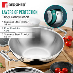 BERGNER Argent Triply 36cm Kadai with Stainless Steel Lid, Large Kadhai, Even and Faster Heating, Consumes Less Oil, Healthy Cooking, Stay Cool Cast Handles - Induction and Gas Stove Ready