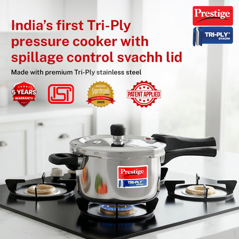 Prestige 3 Litre TRIPLY Svachh Outer Lid Pressure Cooker | Deep Lid for Spillage Control | Gas & Induction Compatible | Gasket Release System | Visual Pressure Indicator | 5Y Warranty | ISI