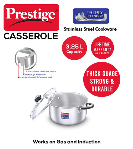 Prestige 20cm/3.25L Tri-Ply Stainless Steel Splendor Casserole with Glass Lid|Gas and Induction Compatible| Even Heat Distribution|Strong and Durable| Perma-Cool Handles