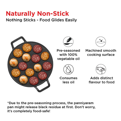 Vinod Legacy Cast Iron Paniyarakkal Pan | Pre-Seasoned, Heavy-Duty Appam Patra | Naturally Non-Stick, Durable & Even Heating | Ideal for Paniyaram, Paddu, Kuzhi Paniyaram | Gas Stove Safe