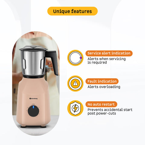 Atomberg Xiana 750 Watt Mixer Grinder | 3 Multipurpose Stainless Steel Jars | Coarse Mode for Silbatta-like Textures | Powerful Intelligent Motor | Easy Fault LED Indication | Peach Blossom