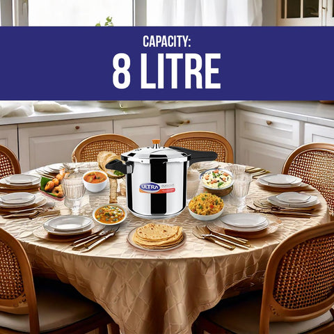 Ultra Duracook Pressure Cooker 8 Litre | AISI 304 Food Grade Stainless Steel Cooker | 10 Years Warranty | High Impact 3-Layer Composite Base | Injection Moulded Handles | Induction Compatible Base