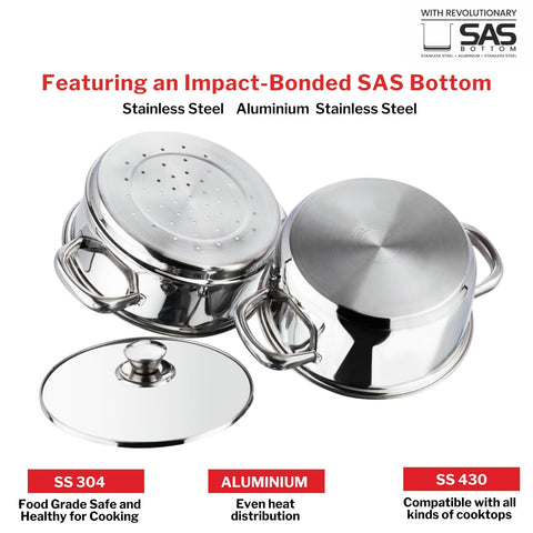Vinod Stainless Steel 2 Tier Steamer with Glass Lid 24 cm | Multi-Purpose Modak & Momo Maker | Induction & Gas Stove Compatible | 2 Year Warranty – Silver