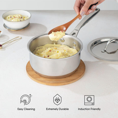 Stahl Artisan Triply Stainless Steel Sauce Pan with Lid, 2 L, 18 cm, Milk Pan, Stainless Steel Tea Pan, Induction & Gas Stove Compatible