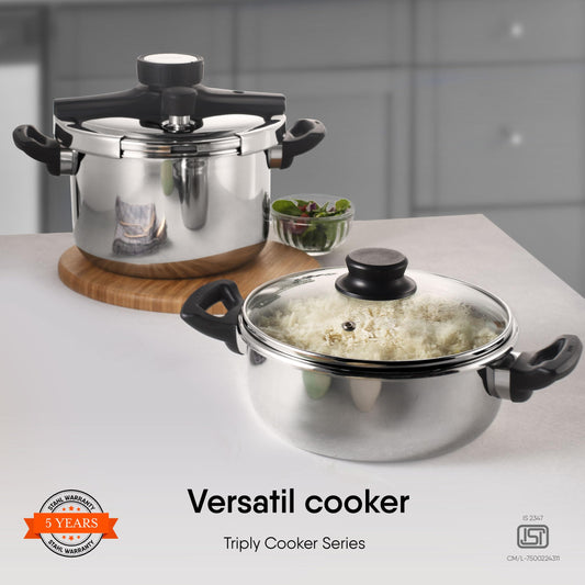 Stahl Versatil Triply Pressure Cooker, 5 L, Induction Cooker, Outer Lid Pressure Cooker, Induction & Gas Stove Compatible, 5 Years Warranty, Stainless steel, Silver