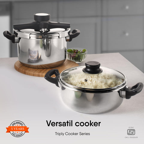 Stahl Versatil Triply Pressure Cooker, 5 L, Induction Cooker, Outer Lid Pressure Cooker, Induction & Gas Stove Compatible, 5 Years Warranty, Stainless steel, Silver