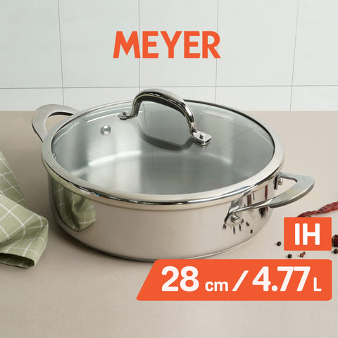 Meyer Select Nickel Free Stainless Steel Sauteuse with Glass Lid | Steel Saute Pan with Triply Base| Frying Pan with Lid | Gas and Induction Suitable | 28cm/ 4.77 Litre, Silver