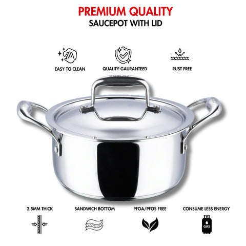 Vinod Platinum Triply Stainless Steel Saucepot with Lid 5L (24 cm) | 2.5 mm Thick Base | Multi-Purpose Biryani & Curry Pot | Induction & Gas Stove Compatible | 5 Year Warranty – Silver