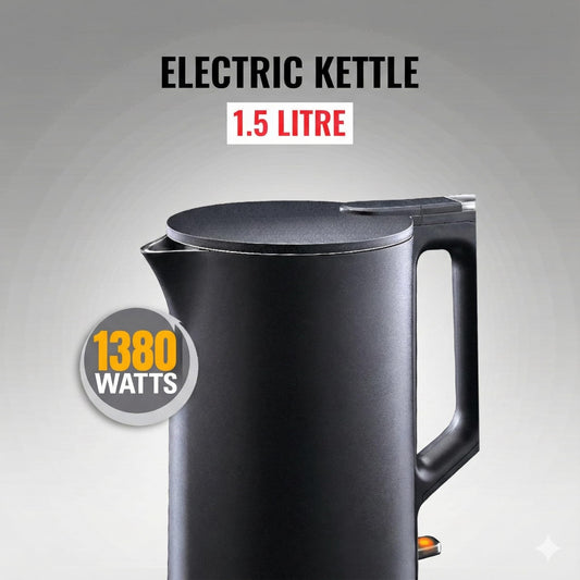 Sujata 1380 W Electric Kettle EK01 1.5 Litre | Strix Controller | Cool Touch | 3 Way Auto Shut Off | Stainless Steel | Double Wall Cool Touch | 360 Degree base | Black