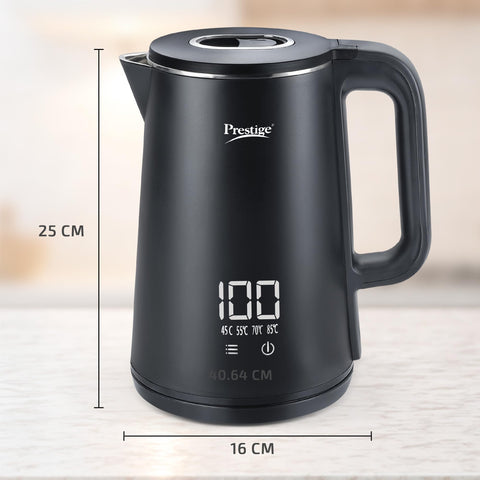 Prestige Stainless Steel Digi Kettle 2 L With 4 Preset Modes | Live Temperature Display | Elegant Cool Touch Design | Auto-Cut Off And Dry Heat Protection | 360 Degree Swivel Base, 1350 Watts, Black