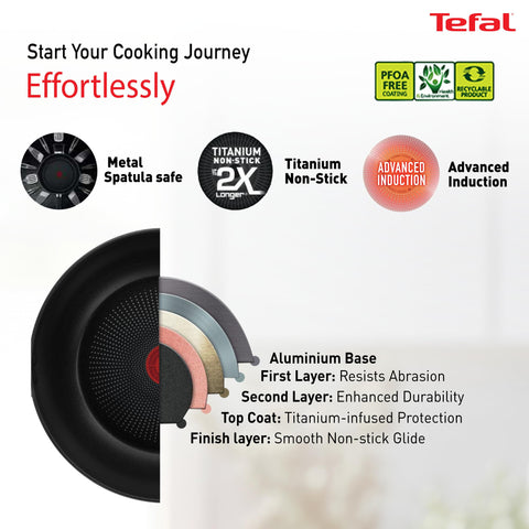 Tefal Cook & Savour Non-Stick Kadhai with Glass Lid, Induction Base, Titanium Coating, 24 cm, Suitable for All Hob Type, Black, 2 Years of Coverage