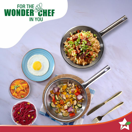 Wonderchef Stella Triply Stainless Steel Fry Pan | 20 cm, 1 litres | Compatible with Gas Stove, Induction, Ceramic Cooktop | Non-Toxic | Uniform Heating | Heavy-Duty Handle | 10-Year Warranty