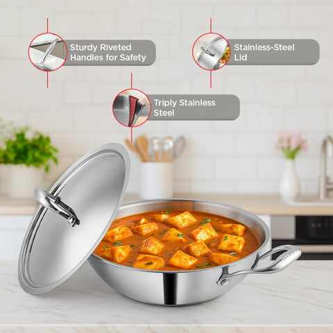Vinod Platinum Triply Stainless Steel Kadai with Lid - 28 cm | Even Heating No Hotspot, Less Oil Healthy Cooking, Heavy Bottom Induction Cookware Kadhai for Cooking & Frying
