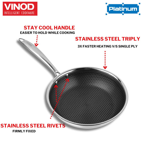 Vinod SAS Pro Platinum Triply Stainless Steel Hybrid Non Stick Frypan - 24 cm | Etched Hexa Design Stick-Resistant Surface | Healthy Cooking | Metal Spatula Safe | Induction & Gas Base | Toxin Free