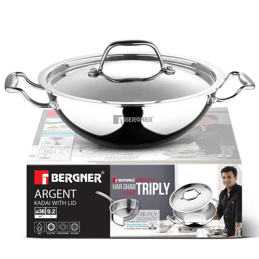 BERGNER Argent Triply 36cm Kadai with Stainless Steel Lid, Large Kadhai, Even and Faster Heating, Consumes Less Oil, Healthy Cooking, Stay Cool Cast Handles - Induction and Gas Stove Ready