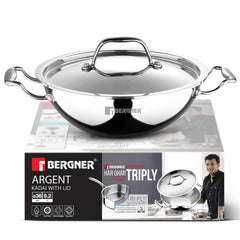 BERGNER Argent Triply 36cm Kadai with Stainless Steel Lid, Large Kadhai, Even and Faster Heating, Consumes Less Oil, Healthy Cooking, Stay Cool Cast Handles - Induction and Gas Stove Ready
