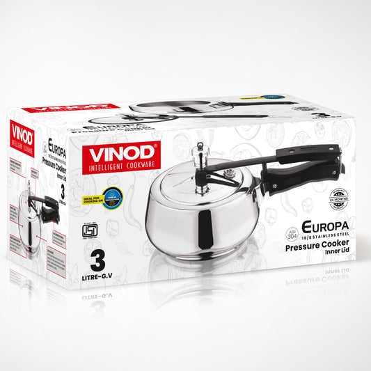 Vinod Europa Stainless Steel Inner Lid Pressure Cooker – 3 Litre | Handi Shape Design | Durable Sandwich Bottom | Induction & Gas Stove Friendly | ISI & CE Certified | 2 Year Warranty | Steel