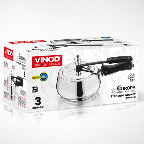 Vinod Europa Stainless Steel Inner Lid Pressure Cooker – 3 Litre | Handi Shape Design | Durable Sandwich Bottom | Induction & Gas Stove Friendly | ISI & CE Certified | 2 Year Warranty | Steel