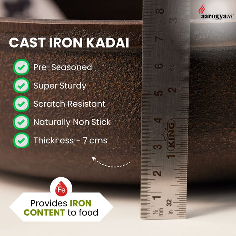 Aarogyam Cast Iron Flat Kadhai - 10 inch (31 cm), Weight 2.6 Kgs - Pre-Seasoned | Gas & Induction Compatible | Non-Toxic | Naturally Non-Stick | Oven Safe