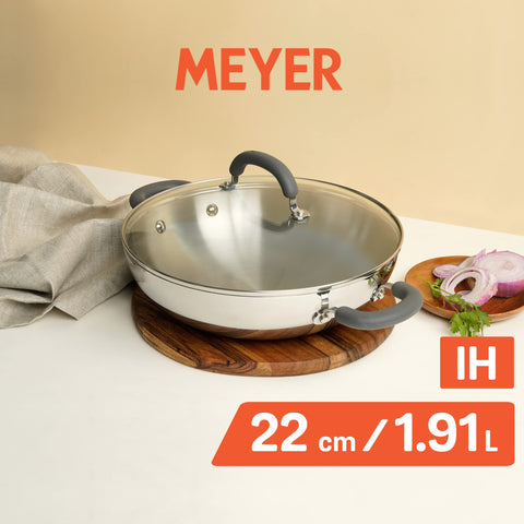 Meyer Trivantage Zero Nickel Release Stainless Steel Triply Kadai | Steel Kadhai with Lid | Stainless Steel Cookware with Induction Base | Small Kadhai for deep Fry, 22cm, Silver