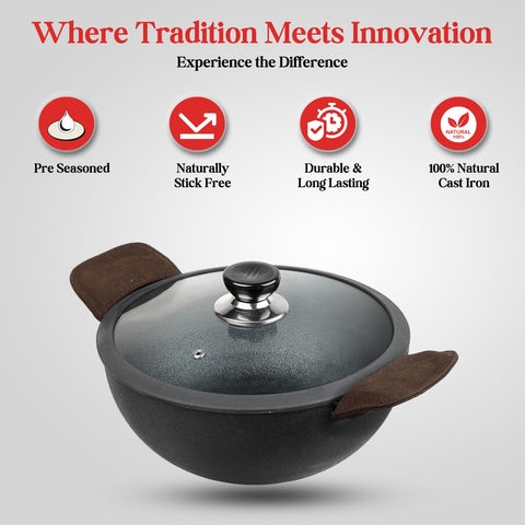 Vinod Legacy Pre-Seasoned Cast Iron Kadai with Glass Lid – 26 cm | Naturally Stick Free | Cooking Kadhai for Deep Frying | Big Size | 100% Pure | Toxin Free | Safety Sleeve