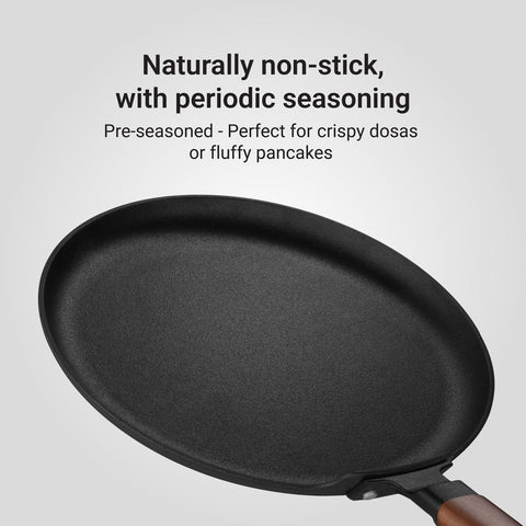 Stahl Blacksmith Signature Dosa Tawa | Flat Cast Iron Pan for Dosas, Pancakes, Chilas, and More | Pre-Seasoned, Induction & Gas Compatible | Acacia Wood Handle | 30cm Tawa